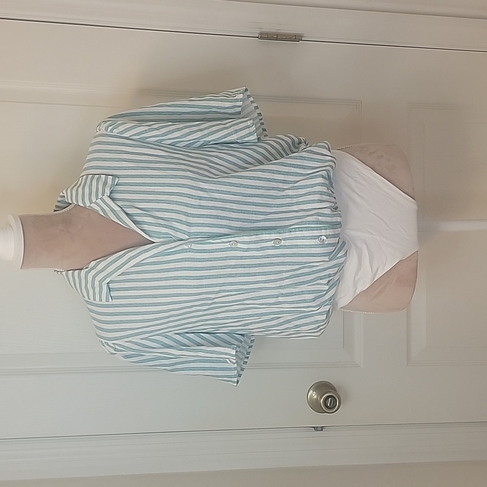 Draper James Green, Blue, White Striped Linen Button Down Front Bodysuit Size L